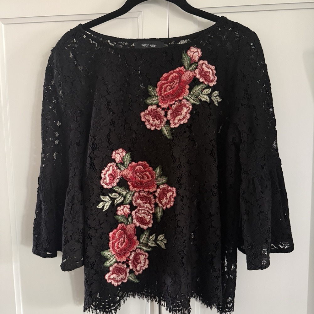 Karen Kane Black Lace Top Embroidered Red Floral 3/4 Sleeves Small Y2K USA